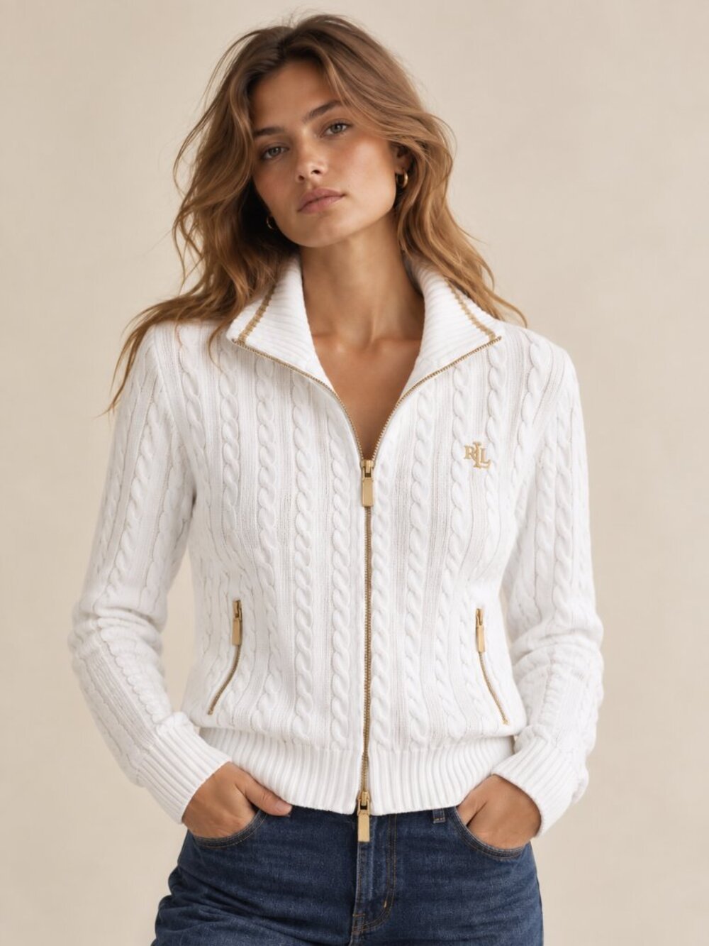 Lauren Ralph Lauren White Cable Knit Full Zip Cardigan Sweater Jacket M